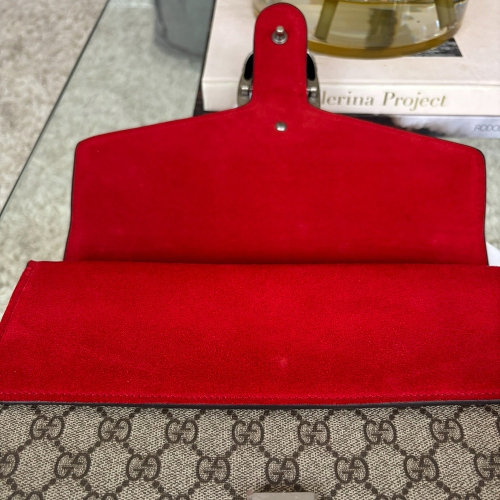 Designer Inspired G G Supreme Shoulder Bag in Brown Monogram with Red Suede - Picture 9 of 14